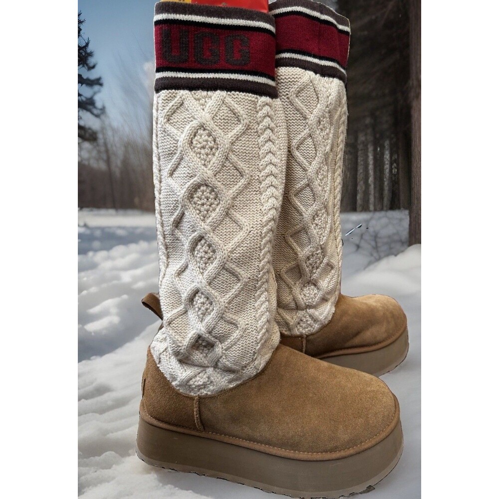 UGG Classic Maxi Sweater Letter Tall Platform Boots Chestnut Suede Sz 11 1144045